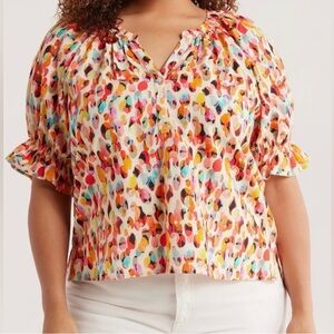 Liverpool Multicolor Printed Puff-Sleeve Blouse 1X watercolor dot NWT